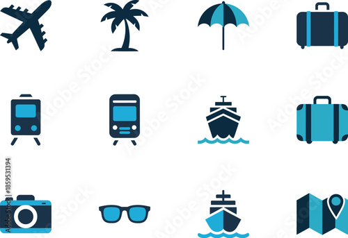 Travel icons for planning vacations and trips