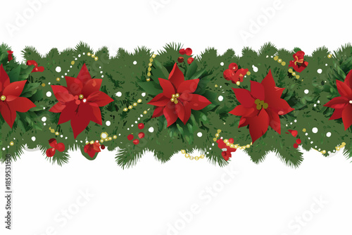 Festive christmas garland with poinsettia flowers and golden bead decorations