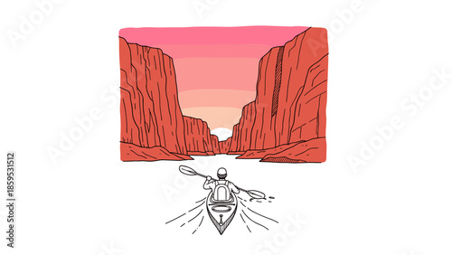 Minimalist canyon sunset with kayaker in smooth waters