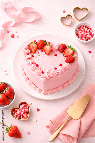 Valentine's pink heart-shaped cake decorated with strawberries on pink background