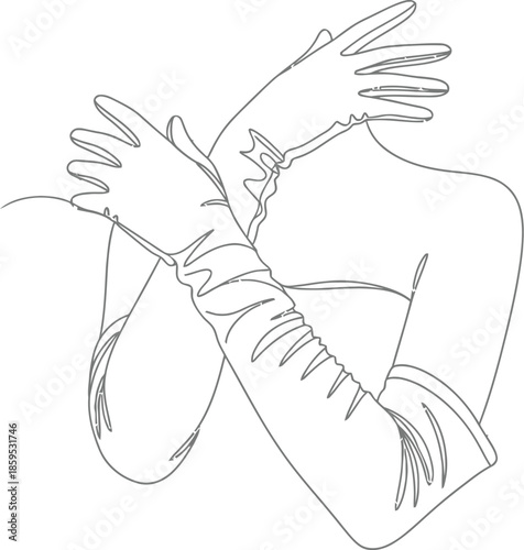 Minimalist continuous line art drawing of a woman covering her face with elegant long opera gloves