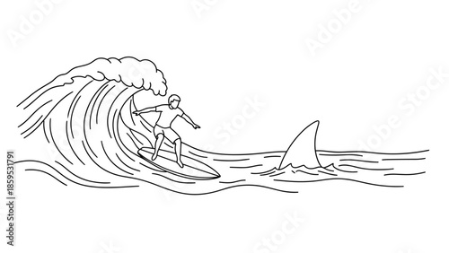 Surfer riding waves near shark fin in line art style