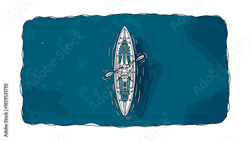 Top view of kayaking with gear on calm ocean in cartoon style