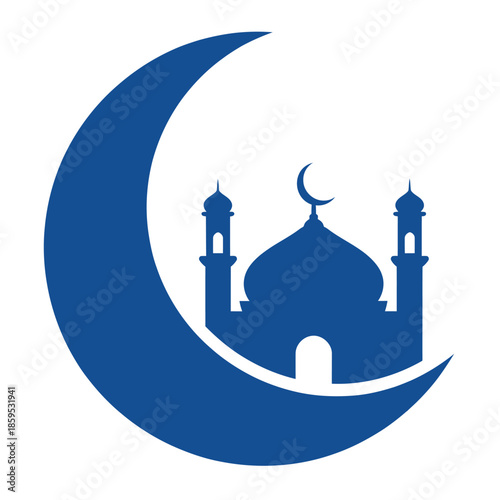 Blue Mosque and Crescent Moon Silhouette for Islamic Celebrations