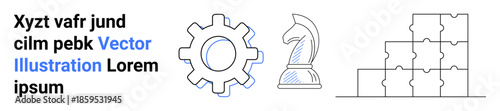 Business strategy, problem-solving, teamwork, processes, planning, productivity. Gear icon, chess knight puzzle pieces . Strategy and problem-solving concept for business and processes