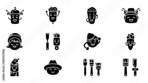 Cute black and white emoji faces with hats and props in cartoon style