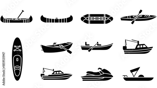 Silhouette set of canoes, boats, and kayaks: watercraft icons collection
