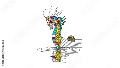 Colorful dragon boat head on water with ripple reflections in vibrant linear style