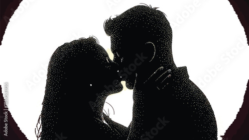 Silhouette of a romantic couple kissing tenderly against a glowing sunset background of light