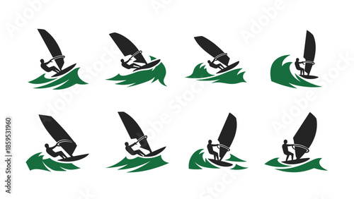 Dynamic windsurfing icons silhouette set with green waves for sports designs