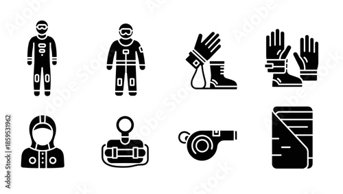 Essential skydiving gear icons in silhouette style for adventure and safety themes
