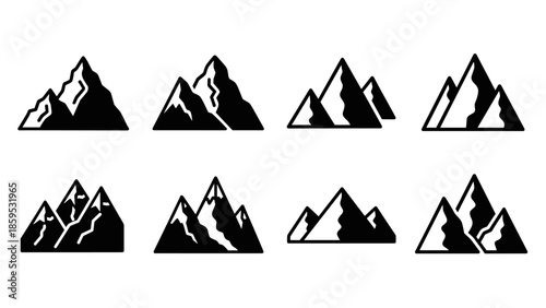 Set of eight minimalist mountain icons in black and white silhouette style