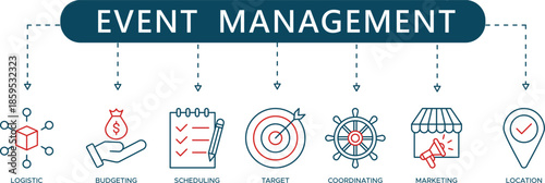 Event Management and Planning Icons Logistics, Budgeting, Scheduling, Marketing, Venue Location, and Coordination Strategy Infographic