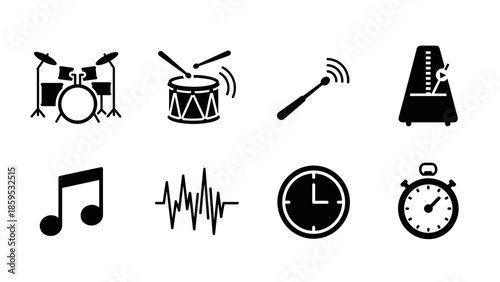 Music icons set: drum kit, metronome, musical symbols, stopwatch