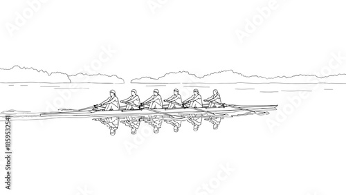 Team rowing on calm lake: detailed line art of athletes in sync