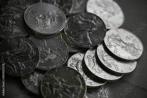 Photos High resolution close up color image of American Silver Eagle Coins Stacked in P