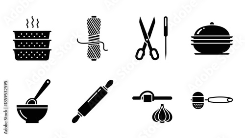 Culinary icon set with kitchen utensils and sewing tools silhouettes