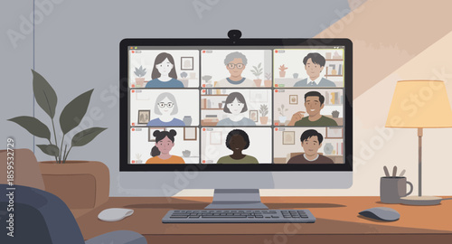 A computer screen displays a video conference with nine participants in a grid layout, set in a home office environment.