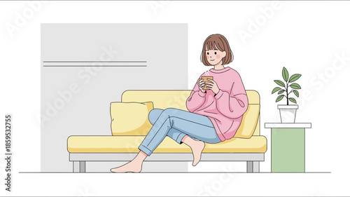 Woman relaxing on a yellow sofa with a cup of coffee.