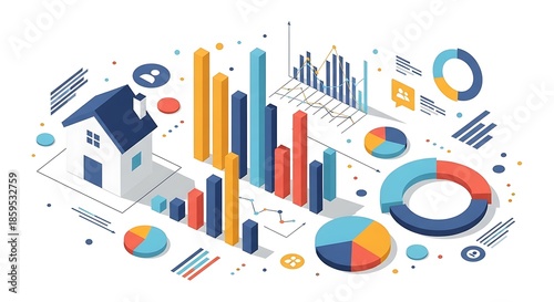 Isometric illustration of a house with financial charts and graphs, representing real estate market analysis and investment growth isolated on white background