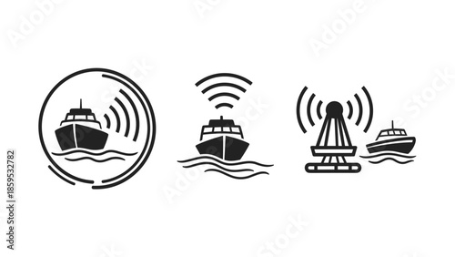 Maritime communication icons: linear boat and buoy designs with waves and signals