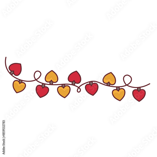 Heart shaped string lights garland decoration in red and gold colors