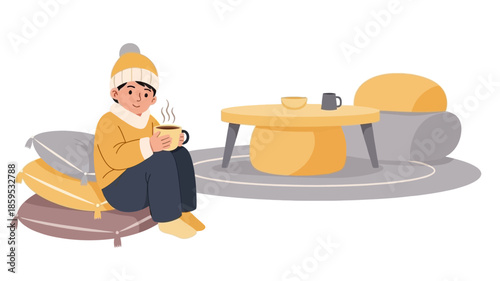Woman relaxing at home with a warm beverage in a cozy atmosphere.