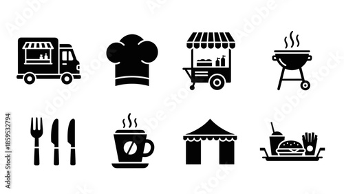 Silhouette food truck and market icons featuring chef hat and grill