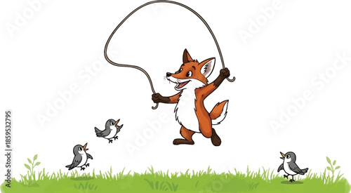 Cheerful cartoon fox happily jump roping with small birds watching in a grassy field