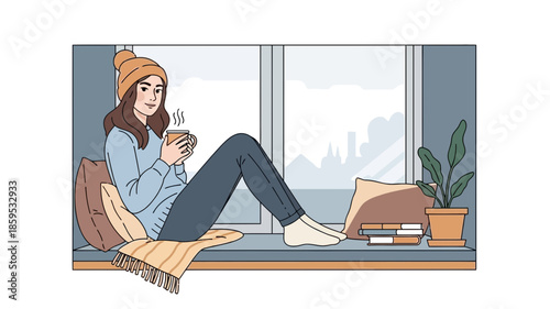 Woman Relaxing with Coffee by the Window on a Cozy Day.