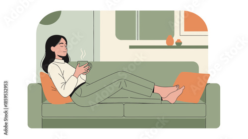 A woman relaxing on a couch with a cup of hot beverage, enjoying a peaceful moment at home.