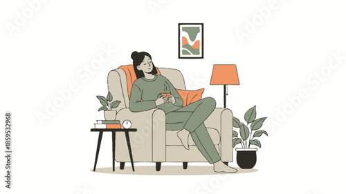 A woman relaxing comfortably in an armchair at home, holding a cup, surrounded by plants and a lamp.