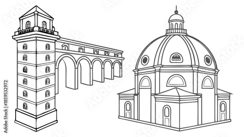 Vector illustration of a historical Catholic basilica and landmark in Paris, France, featuring a majestic dome and baroque architecture against a clear European sky