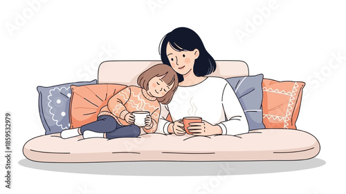 Mother and Child Relaxing Together on a Sofa.