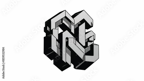 Monochrome abstract geometric cube sculpture with interlocking blocks and optical depth.