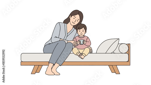 A mother and her young child sitting together on a bed, sharing a moment of connection.