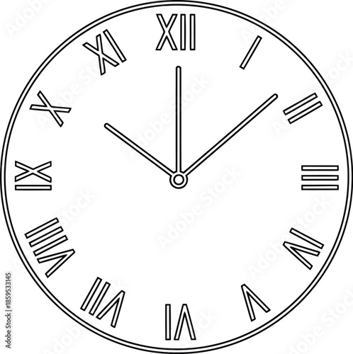 Outline drawing of a classic round clock face featuring roman numerals for time telling illustration