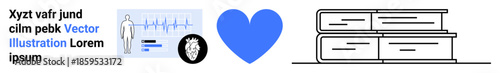 Healthcare, education, love, medical research, wellness, personal development. Human medical data with a heart symbol and books. Healthcare and education combined with of compassion