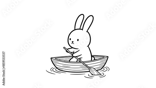 Charming minimalist bunny rowing a boat on calm waters in black and white