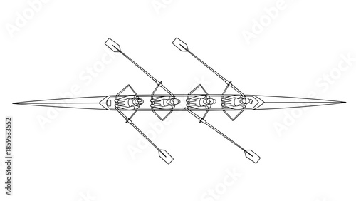 Linear outline of four-person rowing crew from top view