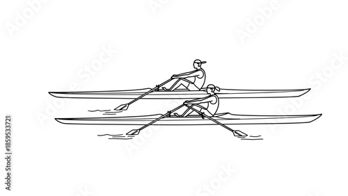 Minimalist linear rowers in double scull boat on water adventure