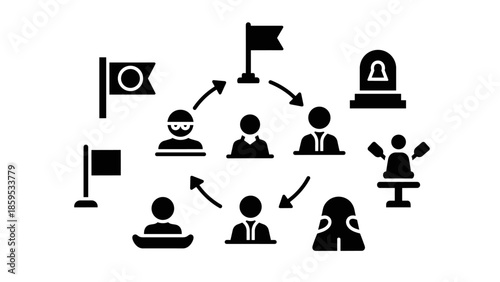 Business workflow silhouette icons featuring team, meetings, and strategy elements for project management