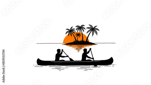 Sunset canoe journey with silhouetted figures and tropical island scene
