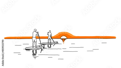 Paddleboarding at sunset with minimalist silhouette and orange horizon