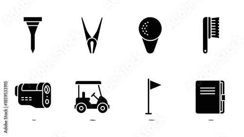 Golf equipment and accessories silhouette icons set on white background