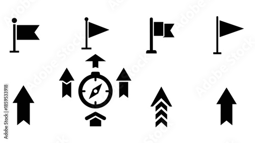 Minimalist navigation icons set: flags and arrows in black silhouette design