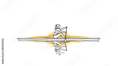 Continuous line art of woman kayaking with scenic sunset reflection