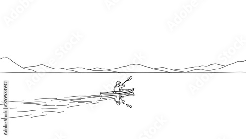 Minimalist canoeing adventure in tranquil lake with mountain view