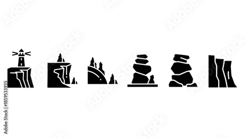 Black silhouette coastal landmarks with lighthouse and rock formations