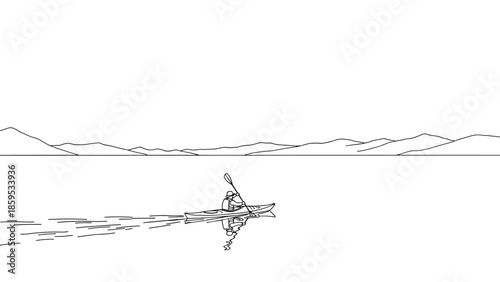 Minimalist line art of kayaker on serene lake with mountain view